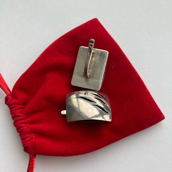 Chunky Silver Modernist Statement Earrings, Pierced, Maker Marked - Picture 2 of 9